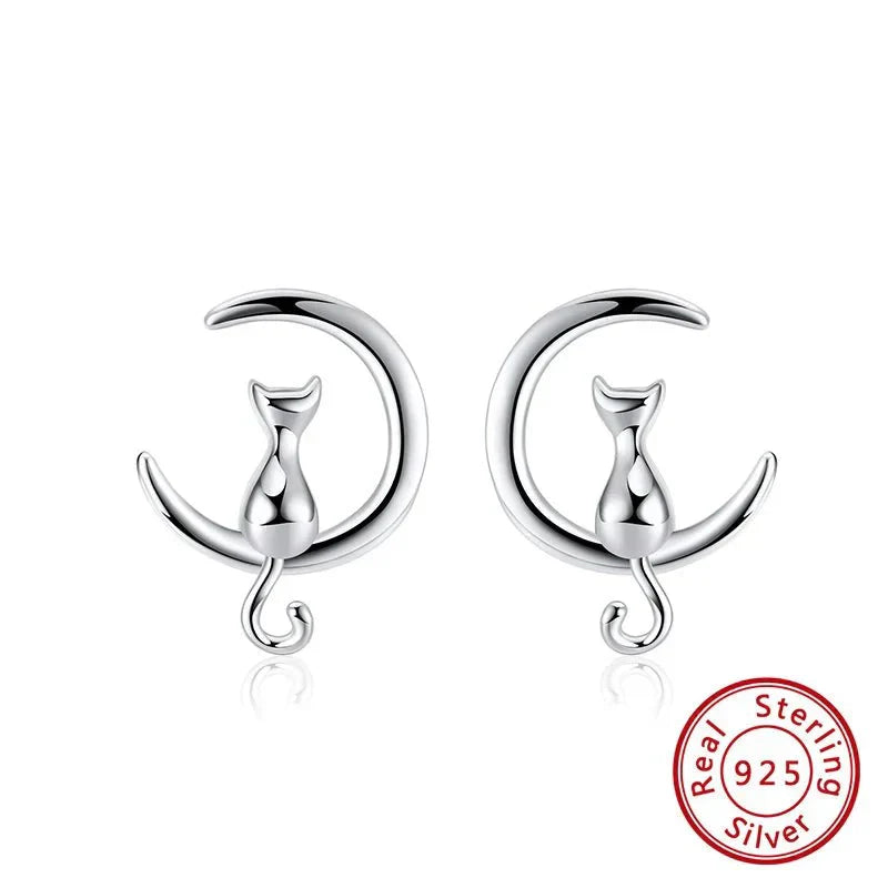 Pendientes de Gato de Plata Esterlina con Diseño de Luna