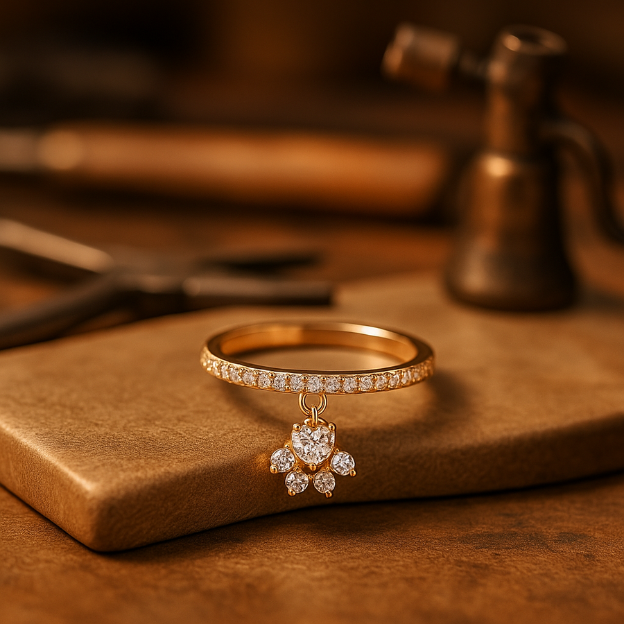 Anillo Vintage de Huella de Gato y Piedra Corazón – Tonos de Oro y Plata