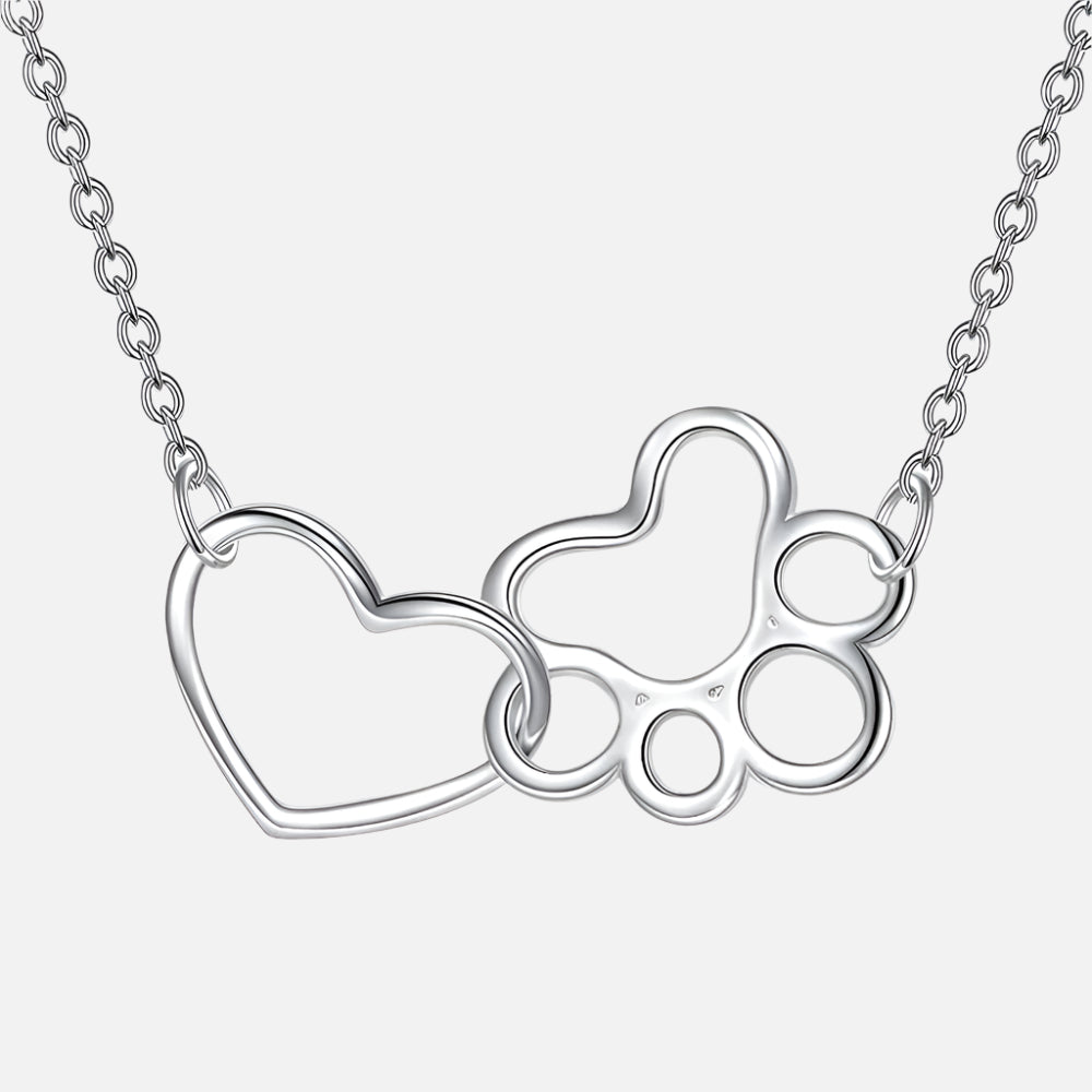Collar de Plata Esterlina con Huella de Patas – Colgante de Cristal en Forma de Corazón