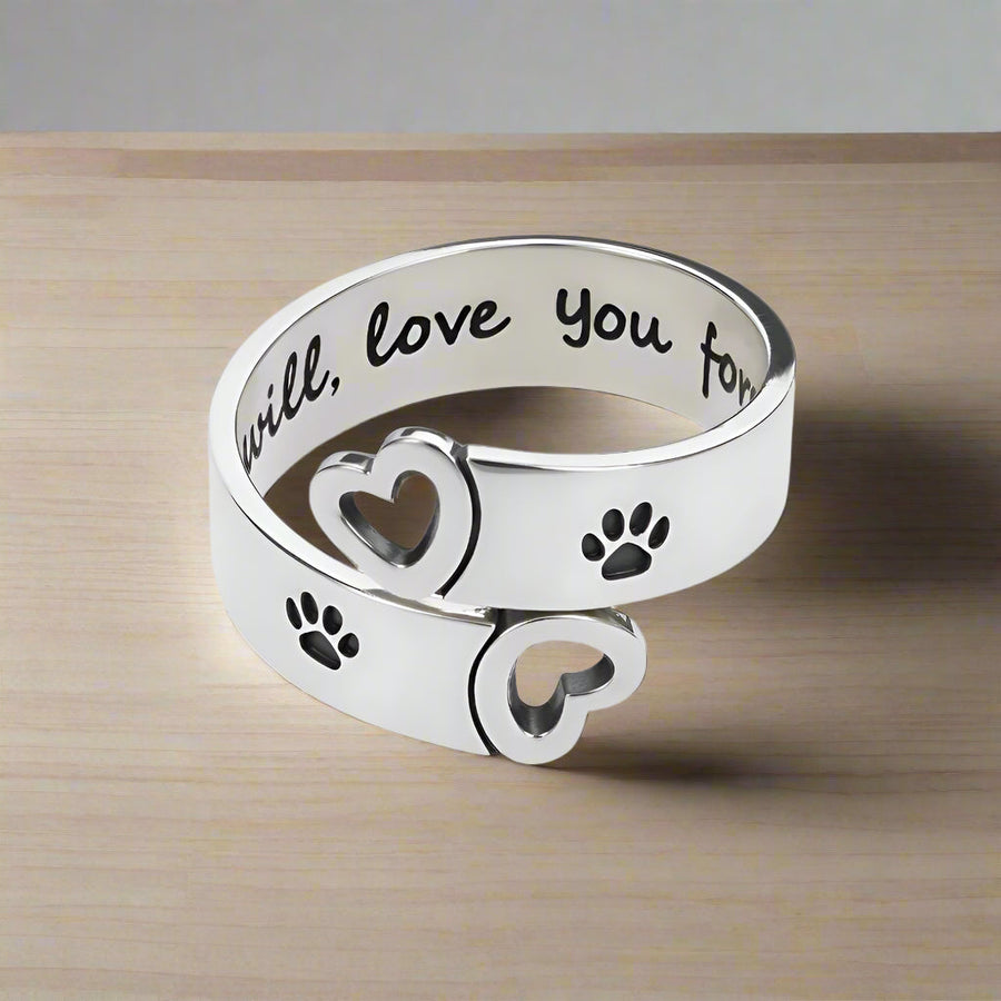 Anillo Ajustable con Huella de Patas y Corazón – Acero Inoxidable