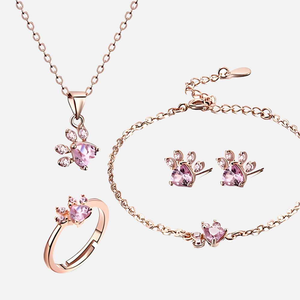 Conjunto de Joyería de Huella en Oro Rosa – 4 Piezas con Corazón de Circonia (Anillo, Collar, Pendientes, Pulsera)