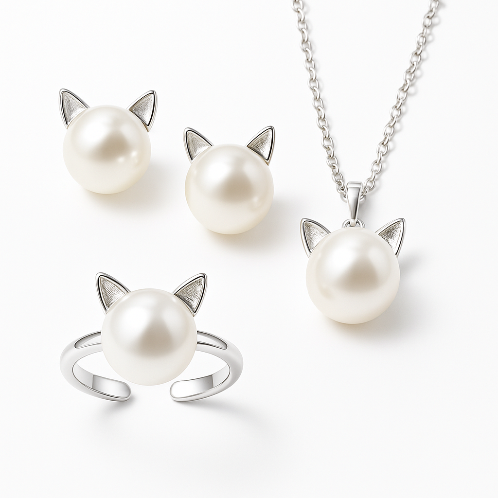 Hermoso Collar de Gato de Perlas con Pendientes y Anillo de Regalo