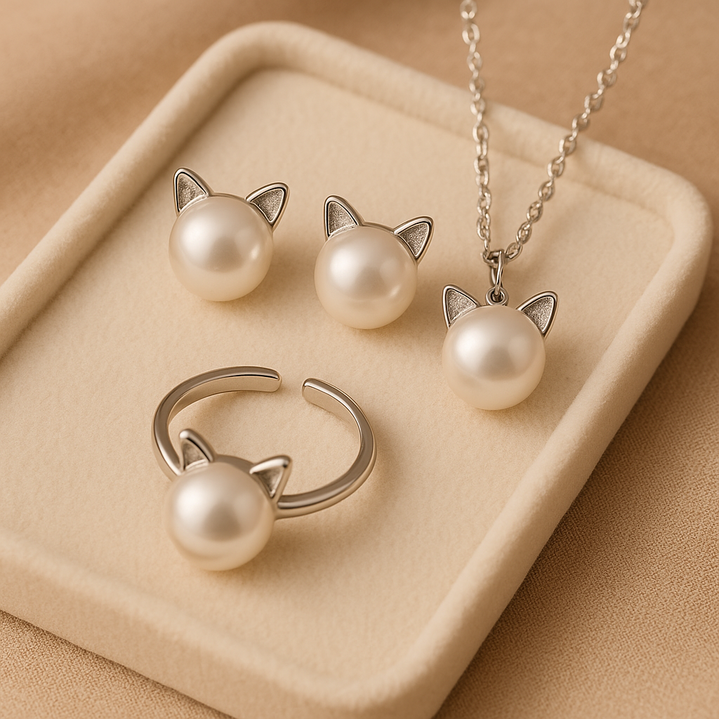 Hermoso Collar de Gato de Perlas con Pendientes y Anillo de Regalo