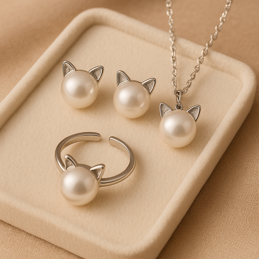 Hermoso Collar de Gato de Perlas con Pendientes y Anillo de Regalo