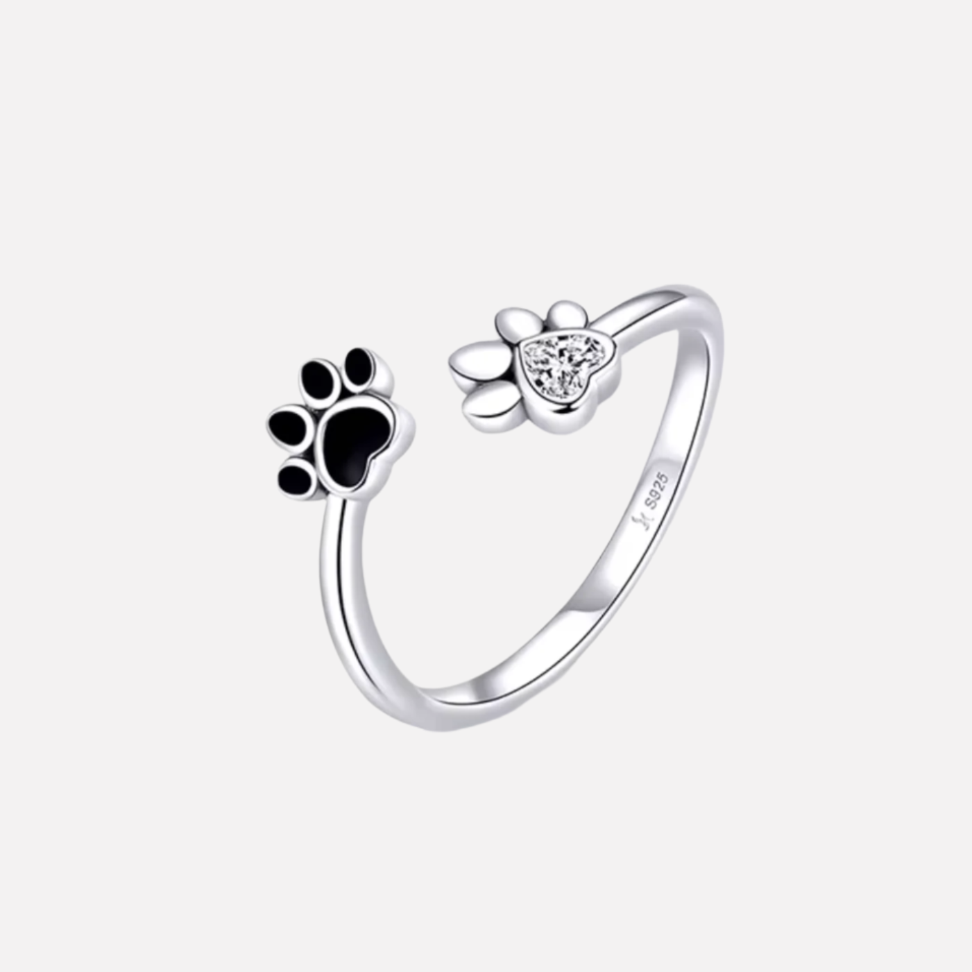 Anillo de Huella de Paw de Plata de Ley 925 – Ajustable con Circonia y Esmalte
