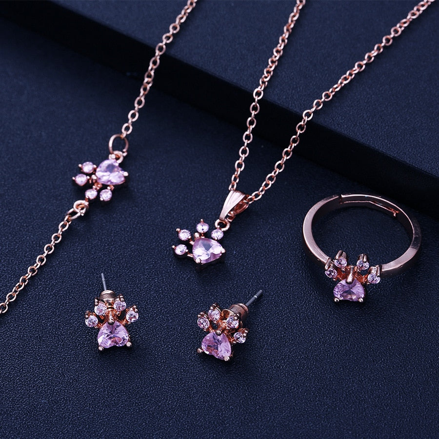Conjunto de Joyería de Huella en Oro Rosa – 4 Piezas con Corazón de Circonia (Anillo, Collar, Pendientes, Pulsera)
