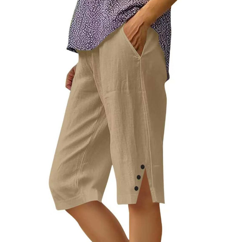 Pantalón capri de mujer liso con bolsillos laterales