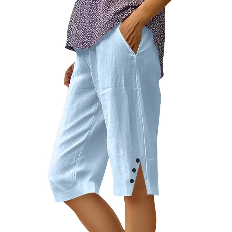 Pantalón capri de mujer liso con bolsillos laterales