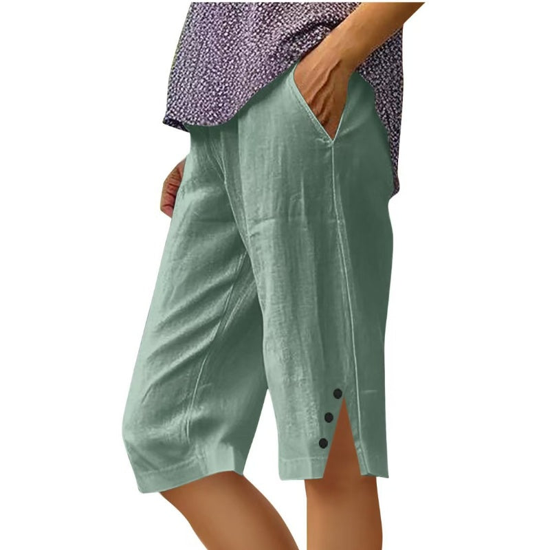 Pantalón capri de mujer liso con bolsillos laterales