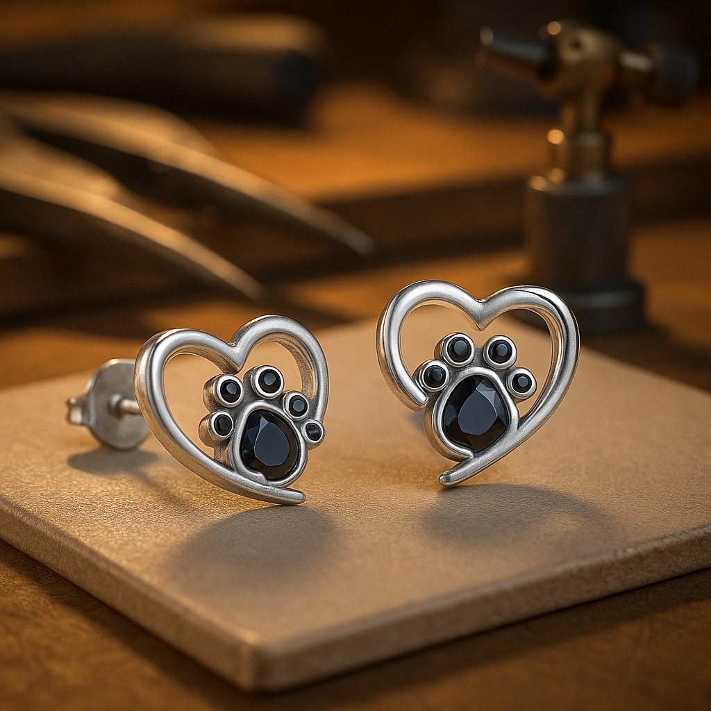Pendientes de Stud en Forma de Patita con Corazón – Plata con Esmalte Negro