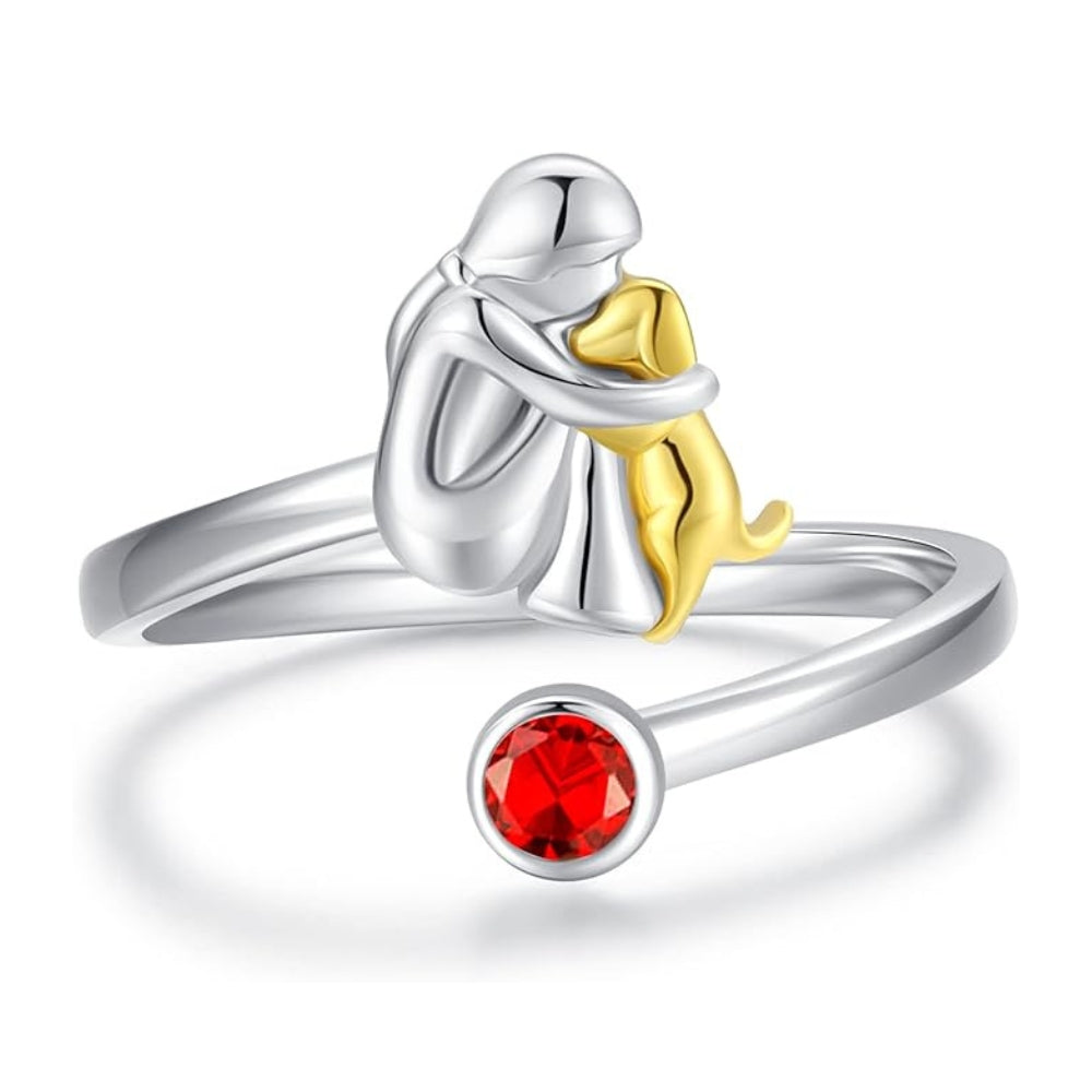 Anillo de Plata Esterlina de Perro y Niña – Ajustable y Simbólico